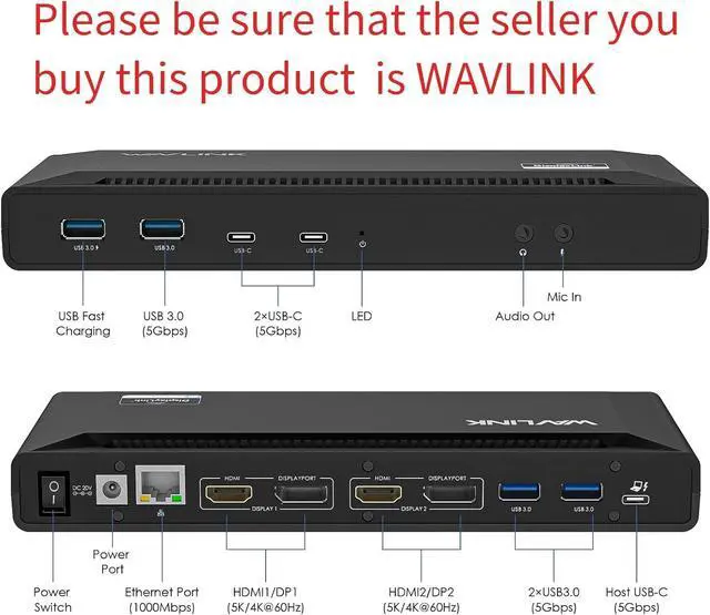 Alt view image 2 of 7 - WAVLINK Universal USB C Laptop Docking Station Dual Monitors 5K/4K@60Hz with 65W Host Charging for Thunderbolt 4/3, USB-C Windows, Mac, Chrome, Ubuntu 20.04,22.04(2HDMI, 2DP, 6USB 3.0, 1Gbps Ethernet
