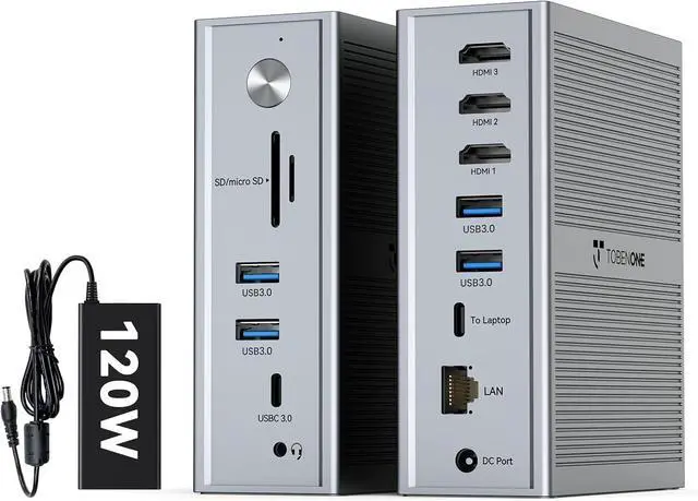 Main image of TobenONE DisplayLink Docking Station 3 Monitors, 14-in-1 USB C Triple Monitor Docking Station for M1 M2 M3 M4 MacBook/Mac mini, Windows, Chrome (3HDMI, 120W Power Supply, 5 USB, Ethernet, SD/Micro SD