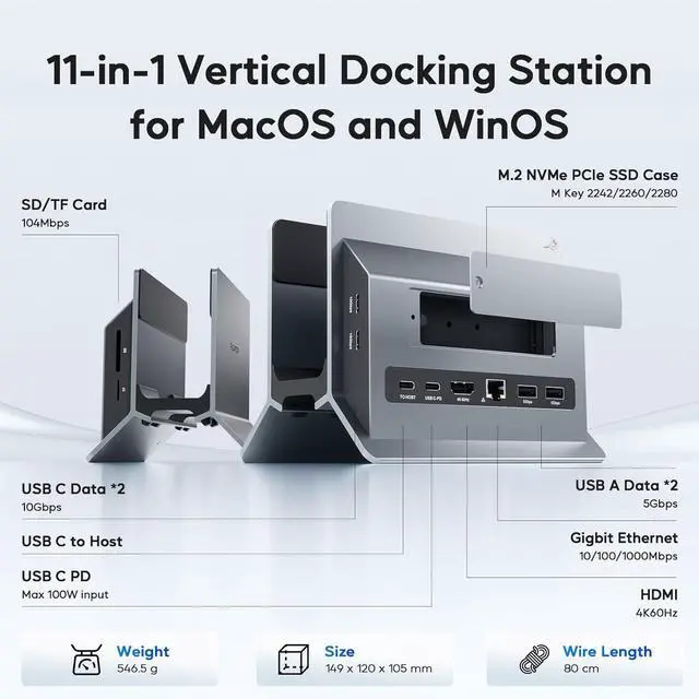 Alt view image 2 of 7 - Vertical MacBook Docking Station, PULWTOP Docking Station for Mac mini with M.2 NVMe case for MacBook Pro/Air, 4K@60Hz HDMI, 2USB C 10Gbps, SD/TF, 100W PD, RJ45, 2 USB A for Windows Laptops