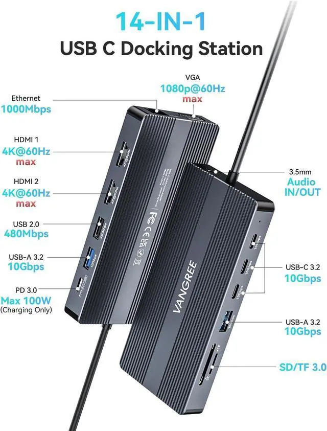 Alt view image 2 of 7 - USB C Docking Station, 14 in 1 USB C Hub Multiport Adapter, Triple Display 3 Monitors with Dual 4K HDMI+VGA, 100W PD, 5xUSB A/C 10Gbps, Ethernet, SD/TF, Audio Ports for Laptop/Lenovo/Dell/HP/Surface