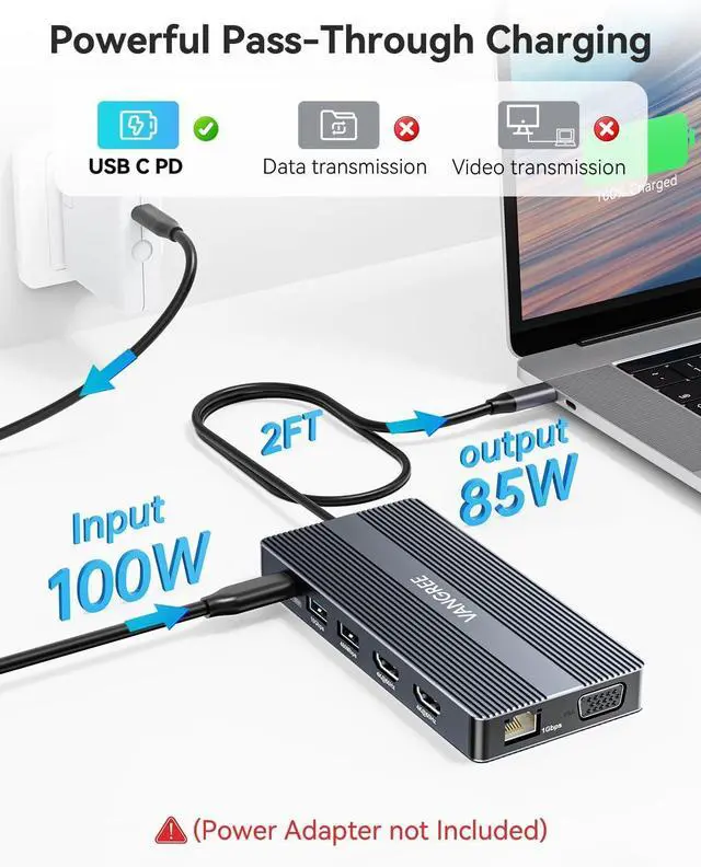 Alt view image 6 of 7 - USB C Docking Station, 14 in 1 USB C Hub Multiport Adapter, Triple Display 3 Monitors with Dual 4K HDMI+VGA, 100W PD, 5xUSB A/C 10Gbps, Ethernet, SD/TF, Audio Ports for Laptop/Lenovo/Dell/HP/Surface