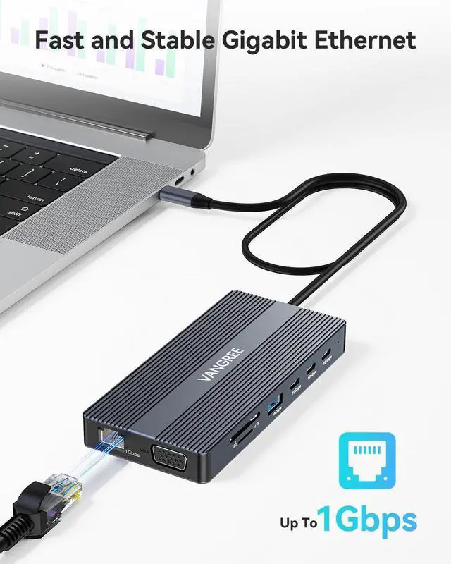 Alt view image 7 of 7 - USB C Docking Station, 14 in 1 USB C Hub Multiport Adapter, Triple Display 3 Monitors with Dual 4K HDMI+VGA, 100W PD, 5xUSB A/C 10Gbps, Ethernet, SD/TF, Audio Ports for Laptop/Lenovo/Dell/HP/Surface