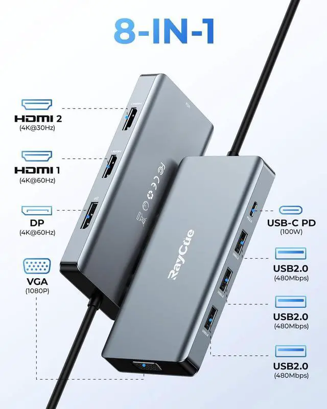 Alt view image 2 of 6 - USB C Docking Station Dual Monitor Adapter, Laptop Docking Station 3 Monitors Quadruple Display USB C Hub Dongle to 4K HDMI+DP+VGA