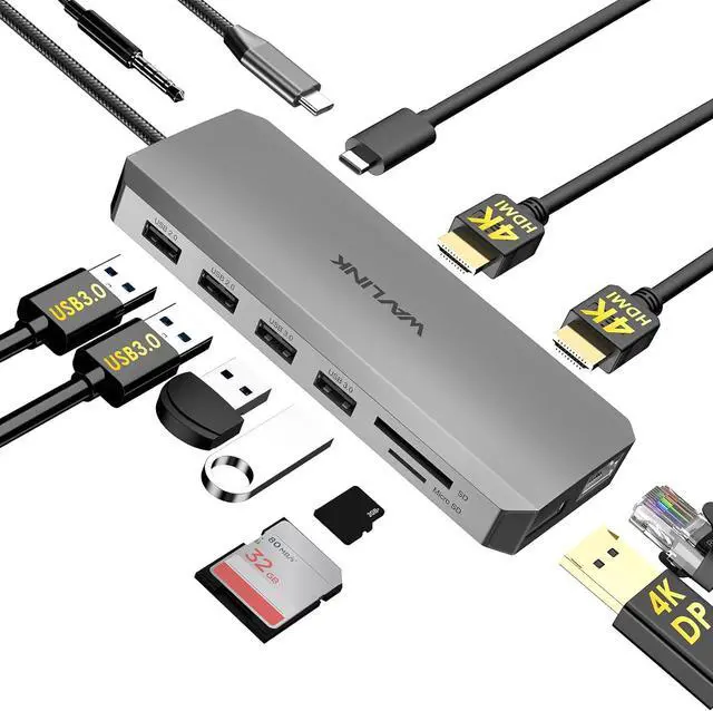 Main image of WAVLINK USB C Docking Station Dual Monitor, USB-C Hub Laptop Triple Display with 2 HDMI,DisplayPort, 100W PD Charging, Ethernet, 5 USB, SD/TF Read, Audio for MacBook  HP Lenovo Surface, Grey