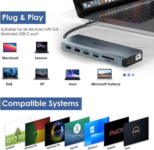 Alt view image 6 of 7 - WAVLINK USB C Docking Station Dual Monitor, USB-C Hub Laptop Triple Display with 2 HDMI,DisplayPort, 100W PD Charging, Ethernet, 5 USB, SD/TF Read, Audio for MacBook  HP Lenovo Surface, Grey