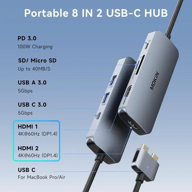 Alt view image 3 of 7 - Docking Station for MacBook Pro Air,USB C Docking Station Dual Monitor,Dual HDMI Adapter Hub for Mac MacBook Pro with 2 HDMI(4K @60Hz), 3 USB3.0,SD TF Card Reader and 100W PD USB C Port