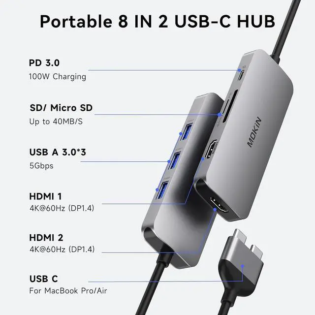 Alt view image 2 of 7 - Docking Station for MacBook Pro Air, Mac Docking Station Dual Monitor, MacBook Pro/Air Dock with Dual HDMI(4K @60Hz), 3 USB3.0,SD TF Card Reader and 100W PD MacBook USB C Hub