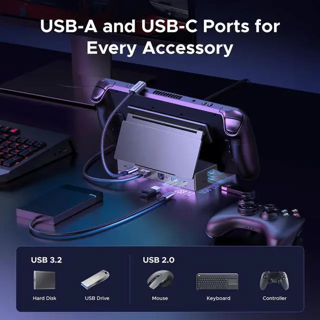 Alt view image 4 of 7 - UGREEN Steam Deck Dock 9-in-1,USB C Hub with 4K@120Hz DP, Gigabit Ethernet,10Gbps USB A&C 3.2, 100W PD, SD/TF Card,with Foldable Stand, Compatible with Steam Deck, Rog Ally, Rog X, Legion Go and More