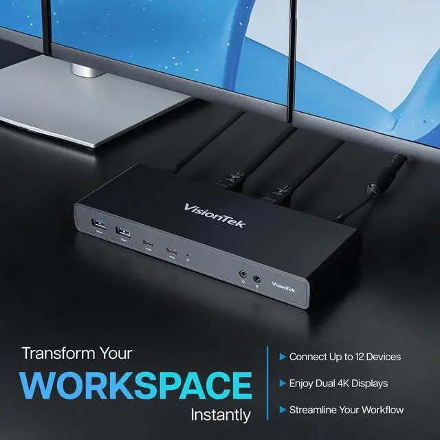 Alt view image 7 of 7 - VisionTek VT4500 12in1 Docking Station Dual Monitor 4K  x2 HDMI, x2 DisplayPort, 60W USB-C PD, x4 USB-A 3.0, x2 5Gbps USB-C, 3.5mm Audio Jack, & Ethernet  Compatible with Laptop, PC, and MacBook