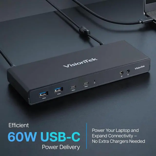 Alt view image 6 of 7 - VisionTek VT4500 12in1 Docking Station Dual Monitor 4K  x2 HDMI, x2 DisplayPort, 60W USB-C PD, x4 USB-A 3.0, x2 5Gbps USB-C, 3.5mm Audio Jack, & Ethernet  Compatible with Laptop, PC, and MacBook