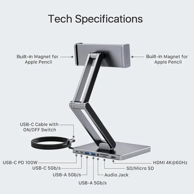 Alt view image 2 of 6 - INVZI MagHub 8-in-1 Docking Station for iPad Pro and Android Tablets, USB C Hub Stand with Adjustable Dual-Hinge, Compatible with M2/M1/M4 iPad Pro/Air, 10th, Mini 6th, Samsung Galaxy, Pixel Tabs