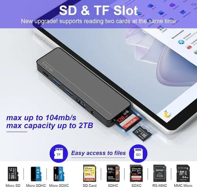 Alt view image 3 of 7 - Surface Pro 8/9/X/10/11 Docking Station - Surface Pro 11 USB C Adapter Multiport Hub with 4K HDMI, Thunderbolt 4, USB 3.0, SD/TF Reader, 3.5mm Audio Microsoft Surface Pro Copilot Accessories