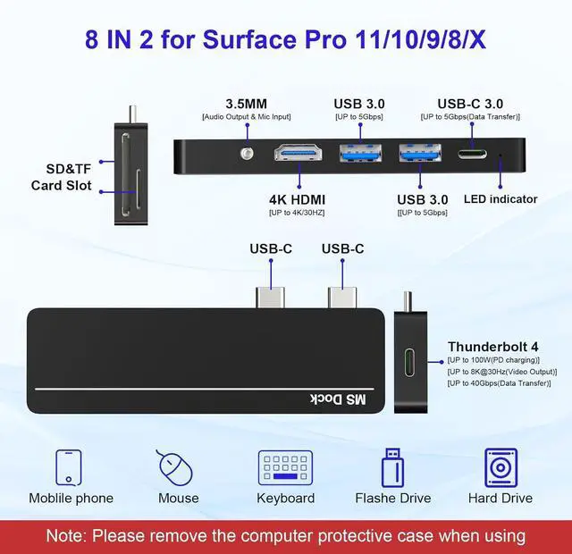 Alt view image 2 of 7 - Surface Pro 8/9/X/10/11 Docking Station - Surface Pro 11 USB C Adapter Multiport Hub with 4K HDMI, Thunderbolt 4, USB 3.0, SD/TF Reader, 3.5mm Audio Microsoft Surface Pro Copilot Accessories