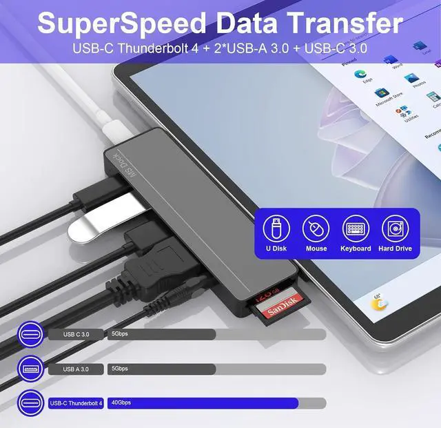 Alt view image 7 of 7 - Surface Pro 8/9/X/10/11 Docking Station - Surface Pro 11 USB C Adapter Multiport Hub with 4K HDMI, Thunderbolt 4, USB 3.0, SD/TF Reader, 3.5mm Audio Microsoft Surface Pro Copilot Accessories