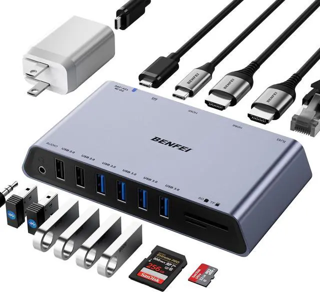 Main image of BENFEI DisplayLink 12-in-1 USB 3.0 Universal Docking Station with Dual HDMI Display/6*USB Ports/SD/TF Card Reader/Gigabit Ethernet Network/3.5mm Female Headphone Jack Compatible with Windows and Mac
