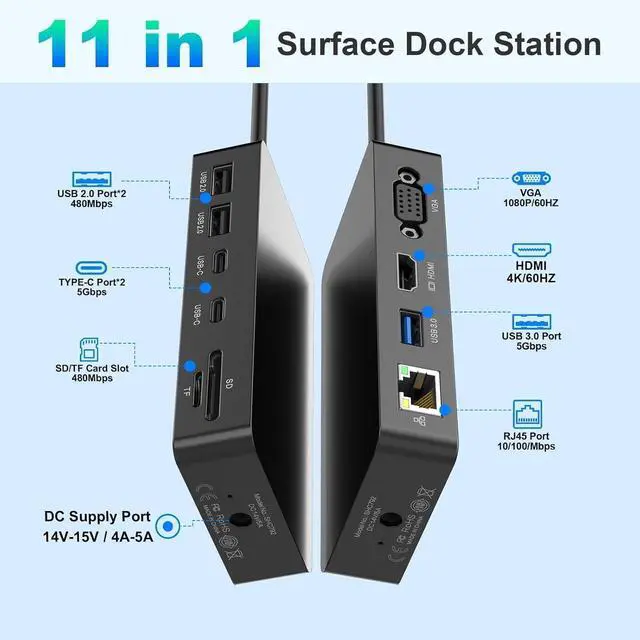 Alt view image 3 of 7 - Surface Pro Docking Station, 11 in 1 Microsoft Surface Dock Triple Displays 4K@60HZ HDMI+VGA, Surface Dock for Microsoft Surface Pro 11/10/9/8/X/7/6/5/4,Surface Laptop go/7/6/5/4 /3/2, Surface Book