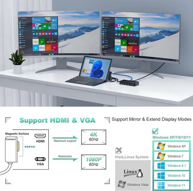 Alt view image 7 of 7 - Surface Pro Docking Station, 11 in 1 Microsoft Surface Dock Triple Displays 4K@60HZ HDMI+VGA, Surface Dock for Microsoft Surface Pro 11/10/9/8/X/7/6/5/4,Surface Laptop go/7/6/5/4 /3/2, Surface Book