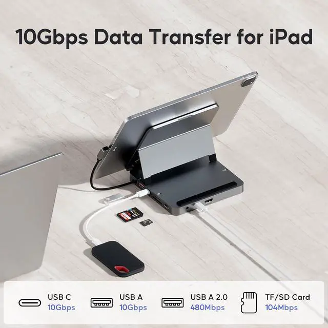 Alt view image 5 of 7 - USB C Hub for iPad Pro, PULWTOP Docking Station for iPad M4, 4K@60Hz HDMI, 100W PD Aluminum Hub with SSD Enclosure, Stand Dock for i-Pad Mini 6th Gen, No Support Lightning Port