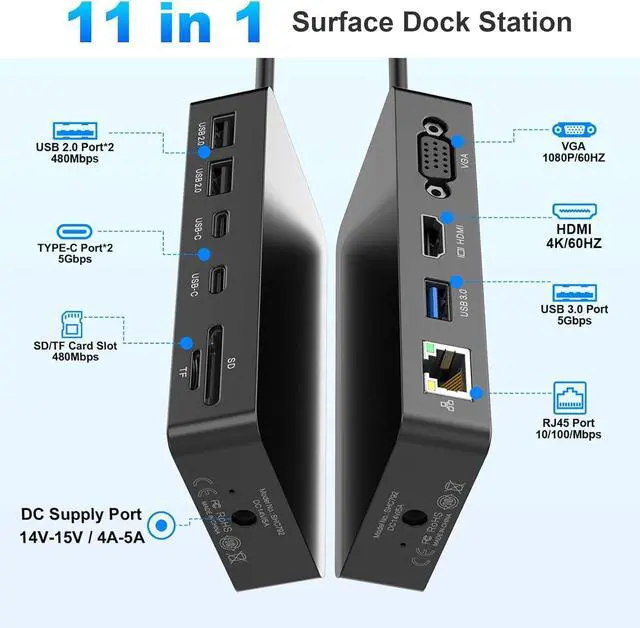 Alt view image 2 of 7 - 11 in 1 Surface Pro Docking Station, Microsoft Surface Dock Dual Displays 4K@60HZ HDMI+VGA, MS Card Reader for Microsoft Surface Pro 11/10/9/8/X/7/6/5/4, Surface Laptop Go/7/6/5/4/3/2/1 Surface Book