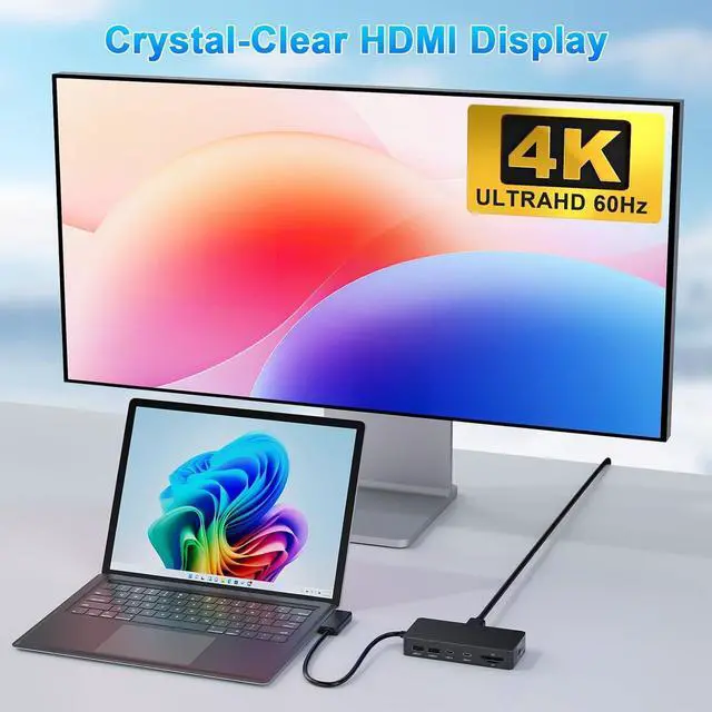 Alt view image 3 of 7 - 11 in 1 Surface Pro Docking Station, Microsoft Surface Dock Dual Displays 4K@60HZ HDMI+VGA, MS Card Reader for Microsoft Surface Pro 11/10/9/8/X/7/6/5/4, Surface Laptop Go/7/6/5/4/3/2/1 Surface Book