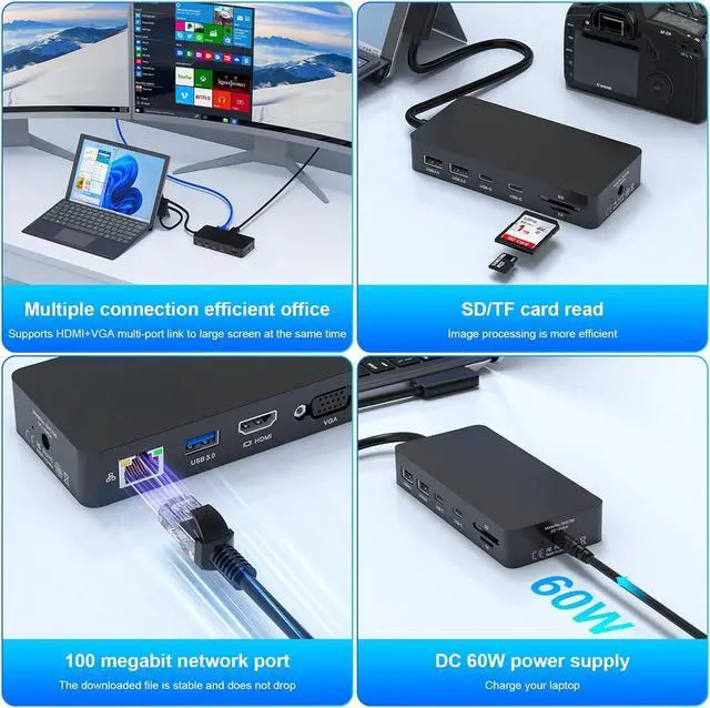 Alt view image 7 of 7 - 11 in 1 Surface Pro Docking Station, Microsoft Surface Dock Dual Displays 4K@60HZ HDMI+VGA, MS Card Reader for Microsoft Surface Pro 11/10/9/8/X/7/6/5/4, Surface Laptop Go/7/6/5/4/3/2/1 Surface Book