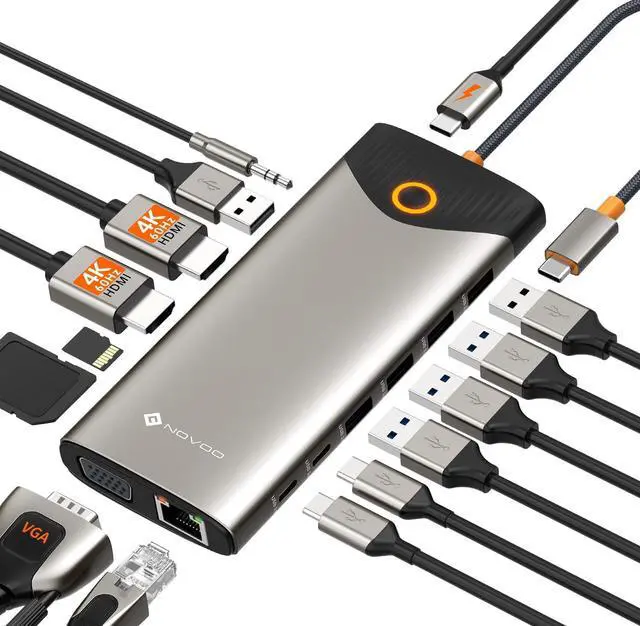 Main image of NOVOO USB C Docking Station Dual Monitor, 15 in 1 Laptop Docking Station 3 Monitors with 2 HDMI,VGA,USB C/A Ports, 100W PD, RJ45, SD/TF and Audio, Multiport Adapter for MacBook/Dell/iPhone/HP/Lenovo