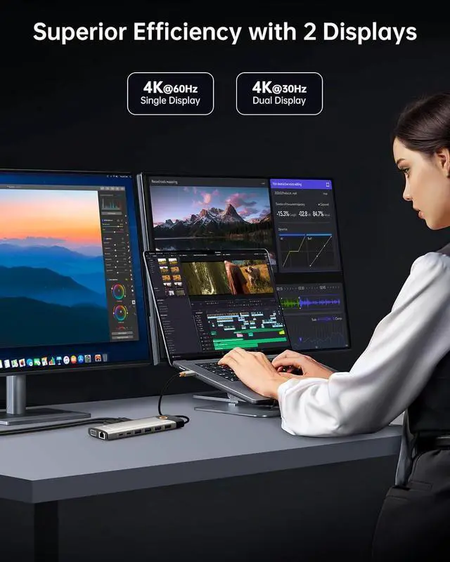 Alt view image 3 of 7 - NOVOO USB C Docking Station Dual Monitor, 15 in 1 Laptop Docking Station 3 Monitors with 2 HDMI,VGA,USB C/A Ports, 100W PD, RJ45, SD/TF and Audio, Multiport Adapter for MacBook/Dell/iPhone/HP/Lenovo