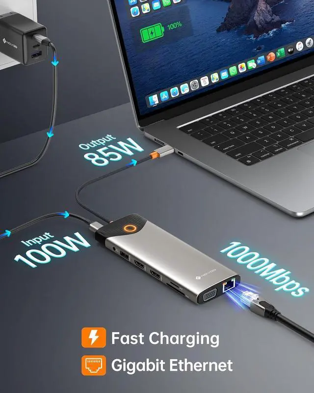 Alt view image 4 of 7 - NOVOO USB C Docking Station Dual Monitor, 15 in 1 Laptop Docking Station 3 Monitors with 2 HDMI,VGA,USB C/A Ports, 100W PD, RJ45, SD/TF and Audio, Multiport Adapter for MacBook/Dell/iPhone/HP/Lenovo