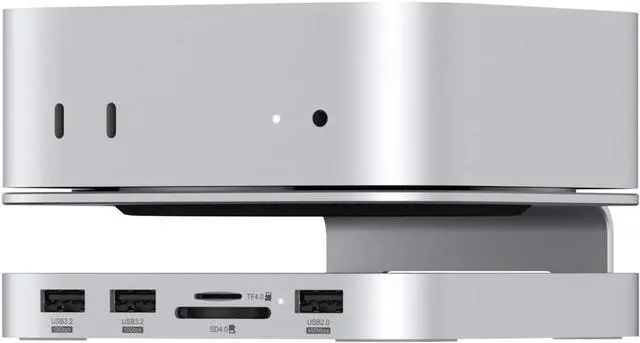 Main image of Qwiizlab Aluminum Stand Hub with SSD Enclosure, Docking Station for Mac mini M4/M4 Pro, 2 USB-A 10Gbps, TF/SD 4.0 Card Readers 312MB/s, HDMI 4K 60Hz, USB-A 2.0, Fits M.2 NVMe SSD up to 8TB (Silver)
