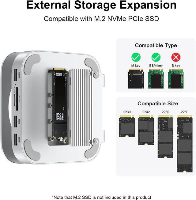 Alt view image 2 of 7 - Qwiizlab Aluminum Stand Hub with SSD Enclosure, Docking Station for Mac mini M4/M4 Pro, 2 USB-A 10Gbps, TF/SD 4.0 Card Readers 312MB/s, HDMI 4K 60Hz, USB-A 2.0, Fits M.2 NVMe SSD up to 8TB (Silver)