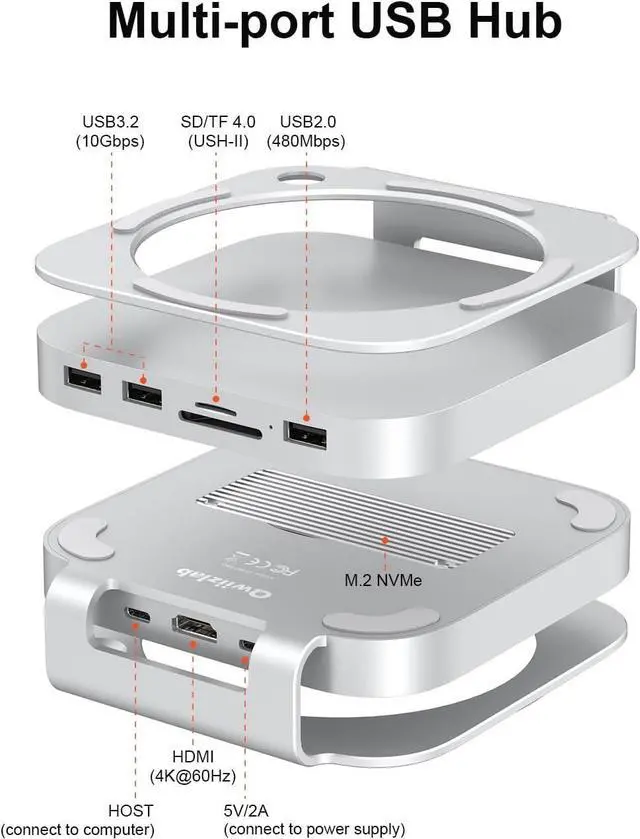 Alt view image 4 of 7 - Qwiizlab Aluminum Stand Hub with SSD Enclosure, Docking Station for Mac mini M4/M4 Pro, 2 USB-A 10Gbps, TF/SD 4.0 Card Readers 312MB/s, HDMI 4K 60Hz, USB-A 2.0, Fits M.2 NVMe SSD up to 8TB (Silver)