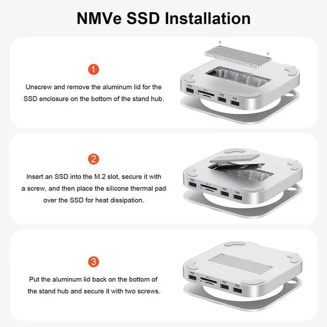 Alt view image 7 of 7 - Qwiizlab Aluminum Stand Hub with SSD Enclosure, Docking Station for Mac mini M4/M4 Pro, 2 USB-A 10Gbps, TF/SD 4.0 Card Readers 312MB/s, HDMI 4K 60Hz, USB-A 2.0, Fits M.2 NVMe SSD up to 8TB (Silver)