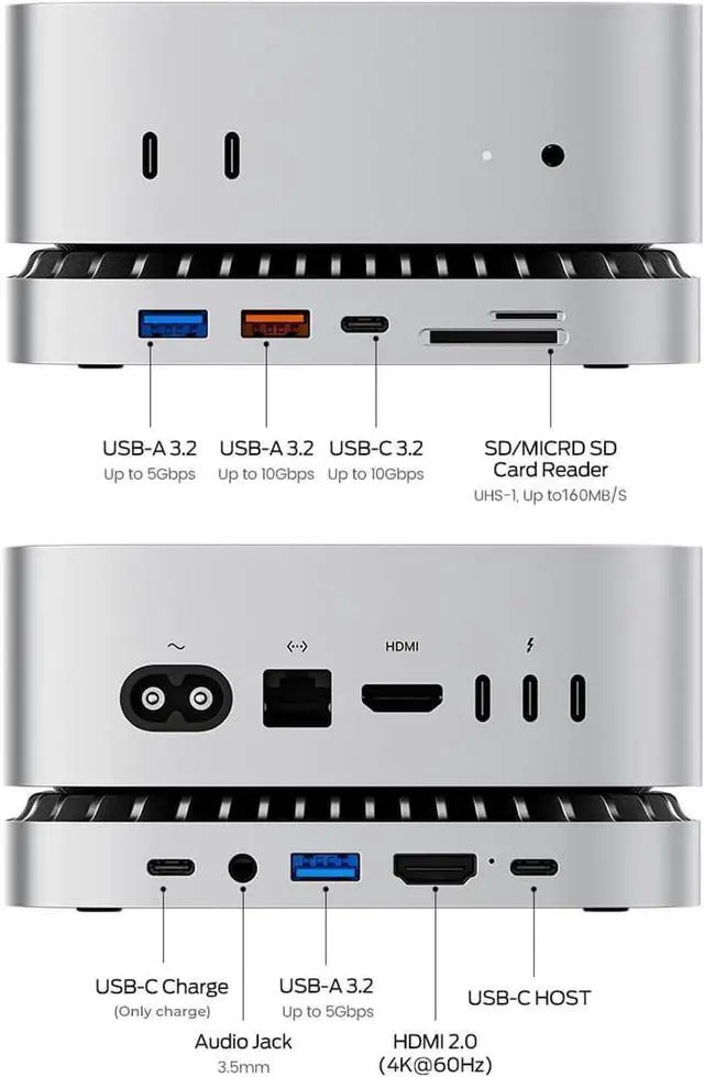 Alt view image 2 of 7 - Mac mini M4 Dock, USB C Hub Aluminum Mac mini Stand and HDMI Hub for M4 and Pro 2024 with M.2 NVMe/SATA SSD Enclosure, 4K60Hz HDMI,10G USB A/C, 5G USB A*2, Charge, SD/TF, Audio