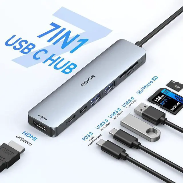 Alt view image 2 of 7 - MOKiN USB C Hub HDMI Adapter for MacBook Pro/Air, 7 in 1 USB C Dongle with HDMI, SD/TF Card Reader, USB C Data Port,100W PD, and 2 USB 3.0 Compatible for MacBook Pro/Air,  XPS, Lenovo Thinkpad.
