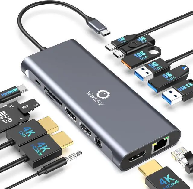 Main image of USB C Docking Station Dual Monitor, 14 in 1 Laptop Docking Station 3 Monitors with 2 HDMI 4K, DP, Ethernet, USB C/A 3.1, 100W PD, SD/TF, 3.5MM Audio/Mic, Compatible for MacBook, , Lenovo, Surface