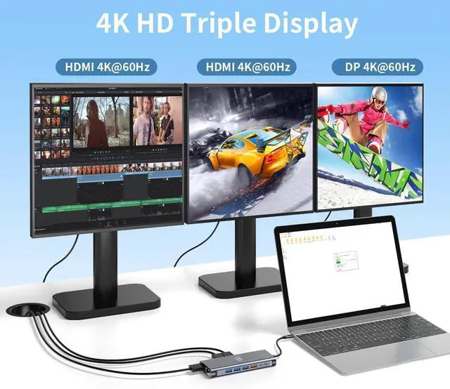 Alt view image 3 of 7 - USB C Docking Station Dual Monitor, 14 in 1 Laptop Docking Station 3 Monitors with 2 HDMI 4K, DP, Ethernet, USB C/A 3.1, 100W PD, SD/TF, 3.5MM Audio/Mic, Compatible for MacBook, , Lenovo, Surface