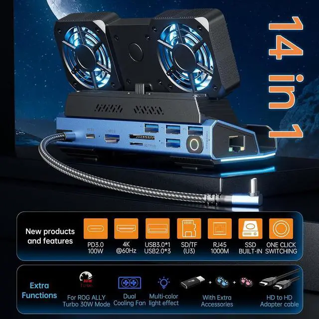 Alt view image 2 of 7 - Detachable Dual Cooling Fans 16 in 1 Steam Deck Docking Station with 4K@60Hz 4 USB Ports,1000Mbps,SD/TF Slot,USB-C 100W PD,HDMI,M.2 NVMe Enclosure, 40Gbps Adapter for Steam Deck/Rog Ally/Legion Go