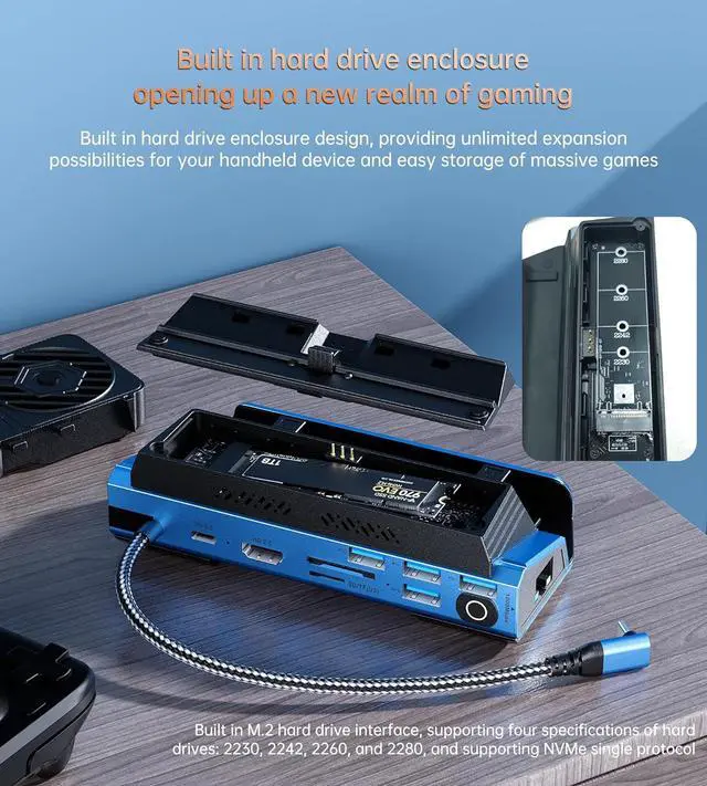 Alt view image 6 of 7 - Detachable Dual Cooling Fans 16 in 1 Steam Deck Docking Station with 4K@60Hz 4 USB Ports,1000Mbps,SD/TF Slot,USB-C 100W PD,HDMI,M.2 NVMe Enclosure, 40Gbps Adapter for Steam Deck/Rog Ally/Legion Go