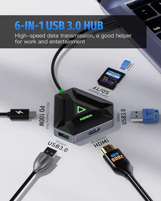 Alt view image 2 of 7 - USB C Hub, USB C Docking Station with 4K@60HZ HDMI Output, 2 USB A 3.0, SD/TF Card Reader, 100W PD, USB Adapter Compatible for MacBook, , HP and More Type-C Devices