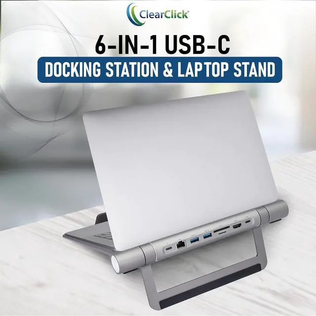 Alt view image 2 of 6 - ClearClick 6-in-1 USB-C Portable Docking Station & Laptop Stand - 2X USB 3.0 Ports, HDMI, LAN Ethernet, SD Card Reader, MicroSD Card Reader, USB PD Charging