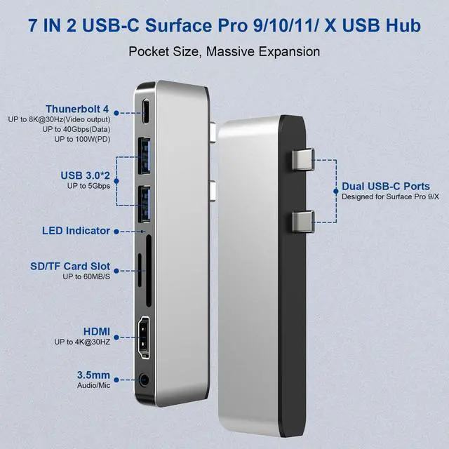 Alt view image 2 of 7 - Surface Pro 9/10/11/X Docking Station, Surface Pro 11 USB Hub with 4K HDMI, USB-C Thunderbolt 4 (Display+Data+100W PD), 2 USB 3.0, 3.5mm Audio, SD/TF Card Slot for Surface Pro 9/Pro 10/Pro 11/Pro X