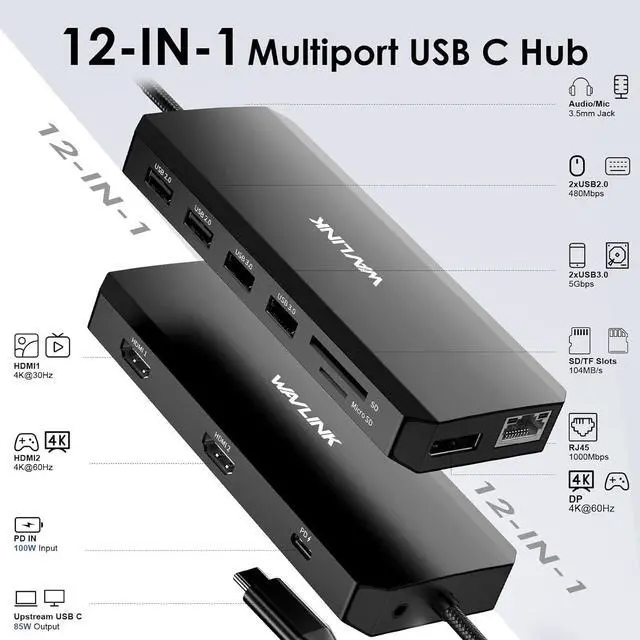 Alt view image 2 of 7 - WAVLINK USB C Docking Station - Dual Monitor, Triple Display, 2 HDMI, DisplayPort, PD Charging, Ethernet, 5 USB, SD/TF Card Reader, Audio for MacBook, Dell, HP, Lenovo, Surface - Black
