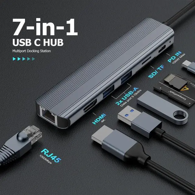Alt view image 2 of 7 - USB C Hub Ethernet HDMI Adapter for Mac MacBook Air/Pro Laptop, Multiport Dock with RJ45 Gigabit Ethernet, 4K HDMI, USB 3.0, SD/TF Card Reader, PD 100W Charging