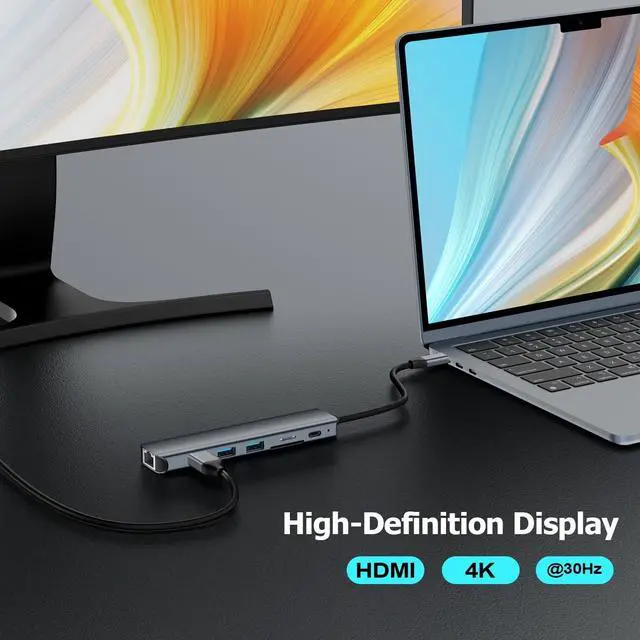 Alt view image 5 of 7 - USB C Hub Ethernet HDMI Adapter for Mac MacBook Air/Pro Laptop, Multiport Dock with RJ45 Gigabit Ethernet, 4K HDMI, USB 3.0, SD/TF Card Reader, PD 100W Charging