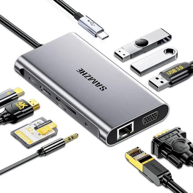 Main image of SAMZHE USB C Docking Station 10-in-1 USB-C Hub Dual 4K HDMI Monitor Laptop Dock Stations Multiple Adapter with HDMI 4K+VGA+3 USB-A 3.0 Port+100W PD Charger+Ethernet+SD/TF+Audio