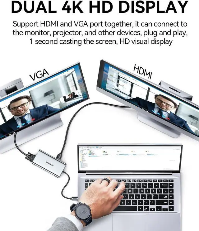 Alt view image 4 of 7 - SAMZHE USB C Docking Station 10-in-1 USB-C Hub Dual 4K HDMI Monitor Laptop Dock Stations Multiple Adapter with HDMI 4K+VGA+3 USB-A 3.0 Port+100W PD Charger+Ethernet+SD/TF+Audio