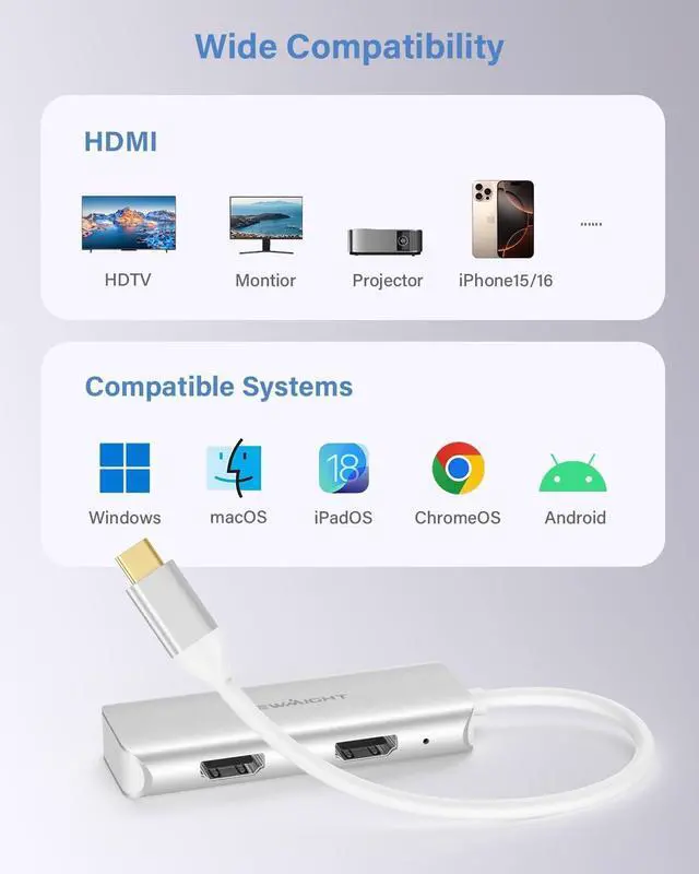 Alt view image 7 of 7 - USB C to Dual HDMI Adapter, Newmight Dual Monitor Adapter Supports 4K@60Hz and Dual 4K@30Hz, Dual Monitor HDMI Splitter for MacBook, iPad, HP, , iPhone 15/16 Series (Silver)