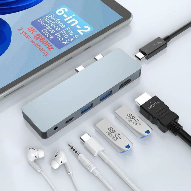 Main image of Opluz 6 in 2 Surface Pro 8 9 X Docking Station, Accessories for Microsoft Surface Pro Dock Hub Thunderbolt 4 Port, with 4K@60HZ HDMI Port, 2 USB-A 3.0(10Gbps), 2 USB-C, 3.5mm Audio Jack PD Charging