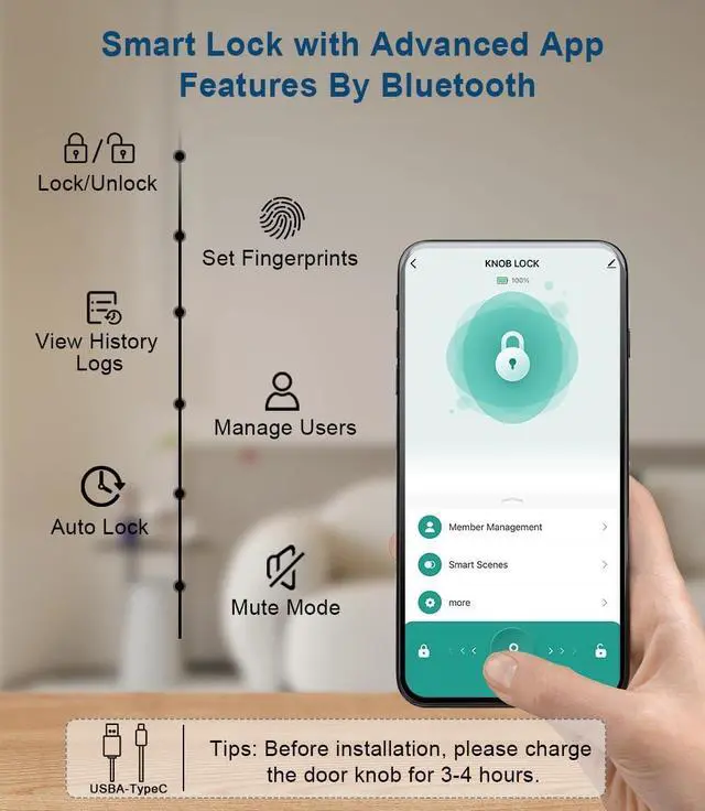 Alt view image 3 of 7 - Fingerprint Door Lock, Smart Fingerprint Door Knob with Keypad, Biometric Door Lock with App Control, Auto Lock Door Lock with Code, Keyless Door Knob with Lock for Bedroom, Home,Office-Satin Nickel