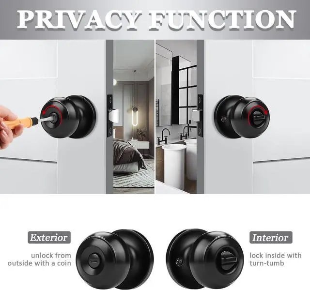 Alt view image 3 of 7 - Probrico (1 Pack Round Privacy Door Knob(Thumb Turn Lock on The Inside), Keyless Doorknobs Interior/Exterior Lockset,Privacy Knobs for Bedroom/Bathroom,Black Modern Design Door Hardware